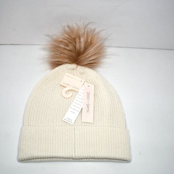 SASSO + SMYTH Ribbed Cuff Faux Fur Pom Beanie in Ivory NWT - Picture 2 of 3